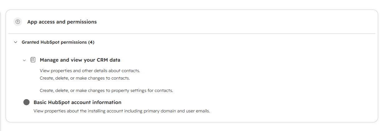 HubSpot scope approval screen listing the permissions Utility Data Sync requests