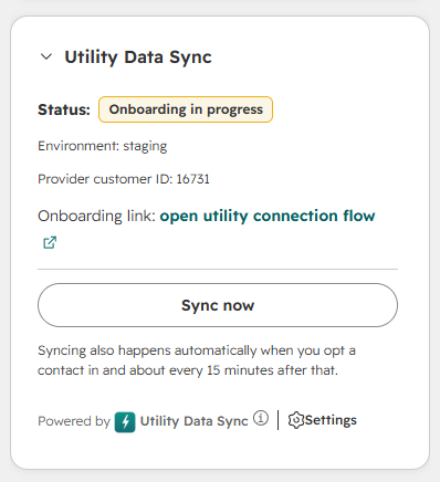 Utility Data Sync card right after opt-in, showing status Onboarding in progress and the onboarding link