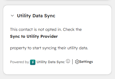 Utility Data Sync card on a contact record before opt-in, prompting to check Sync to Utility Provider