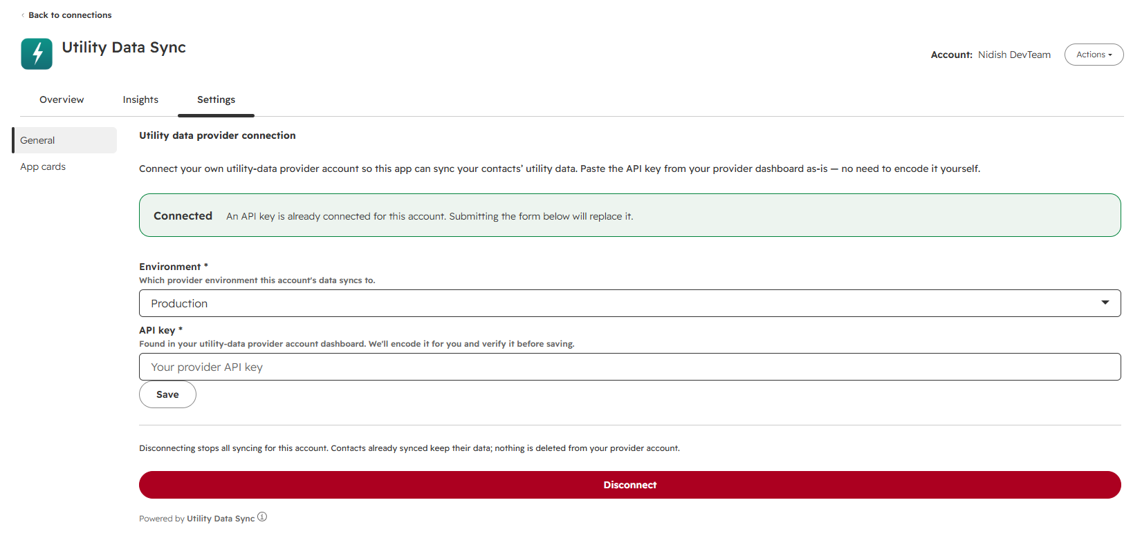 Utility Data Sync Settings tab showing a connected API key, environment, and Disconnect button