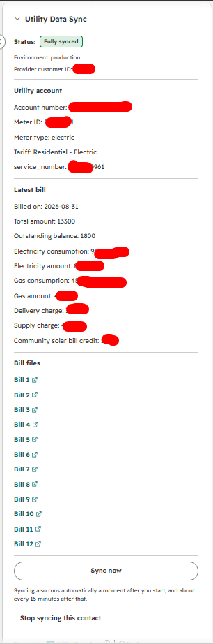 Utility Data Sync sidebar card showing a fully synced contact with account, meter, tariff, latest bill, and bill file links